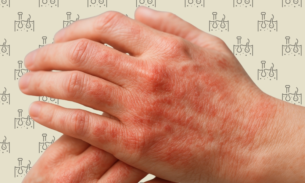 Ruke sa vidljivim crvenilom i iritacijom kože, prikaz simptoma ekcema za temu „najbolja krema za ekcem”.
