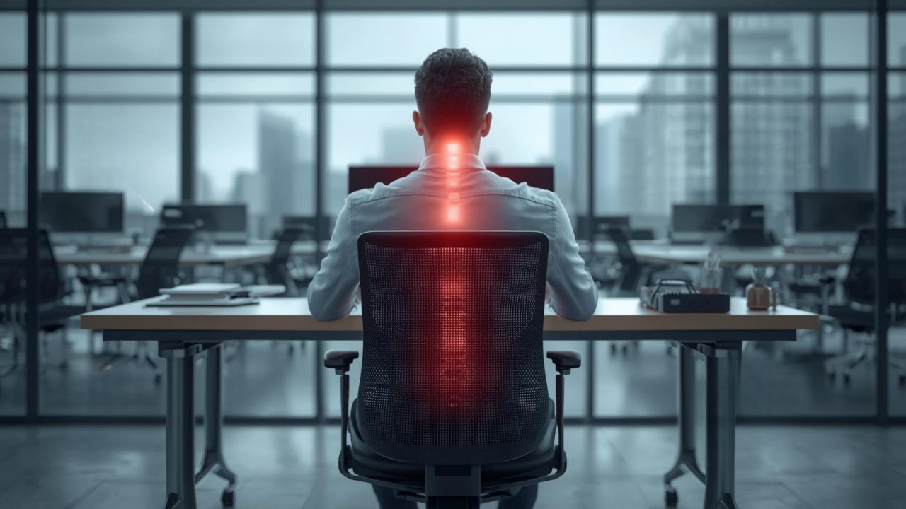 Muškarac sedi dugo za kancelarijskim stolom u modernoj kancelariji, sa naglašenim bolom u leđima i kičmi zbog dugotrajnog sedenja.