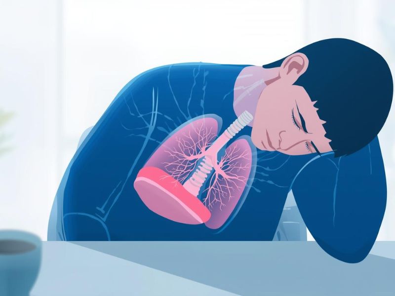 Ilustracija osobe u pogrbljenom sedećem položaju sa prikazanim plućima i dijafragmom, koja pokazuje kako ograničeno širenje grudnog koša dovodi do plićeg disanja i umora.