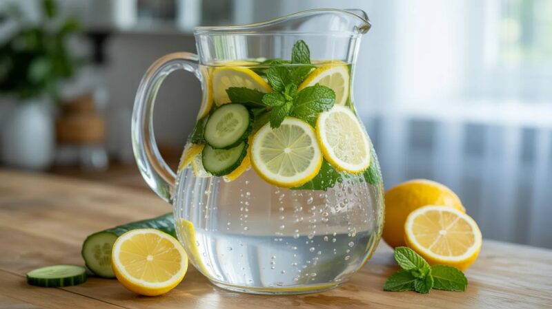 Stakleni bokal detoks vode sa limunom, krastavcem i nanom na kuhinjskom stolu, uz sveže kriške limuna