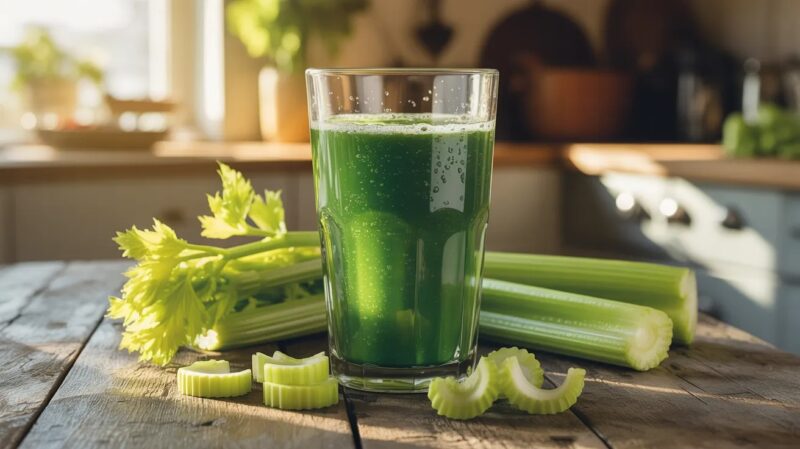Čaša zelenog soka od celera na drvenom stolu, pored štapića i isečenih komad